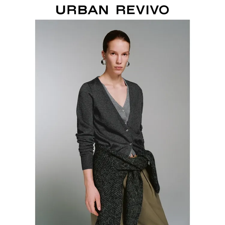 UR2026春季新款女装休闲格雷系假两件针织开衫UWU950046