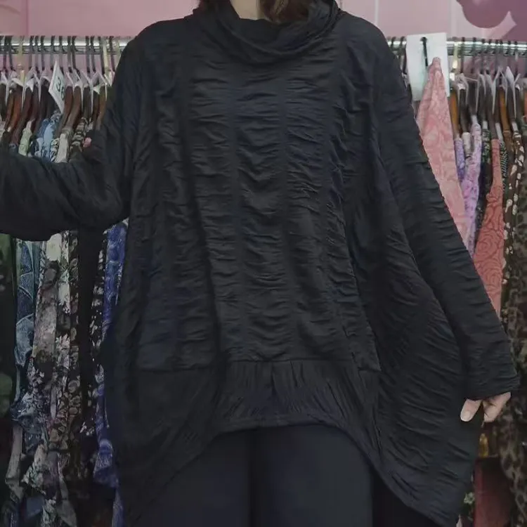 中长款长袖褶皱堆堆领山系风T恤百搭时尚圆领套装