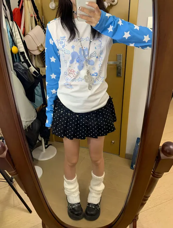 【蓝星萌宠】卡通印花防晒长袖短款T恤打底时尚花色