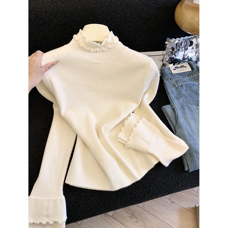 实拍木耳边半高领内搭毛衣女秋冬百搭修身长袖打底针织衫上衣女潮