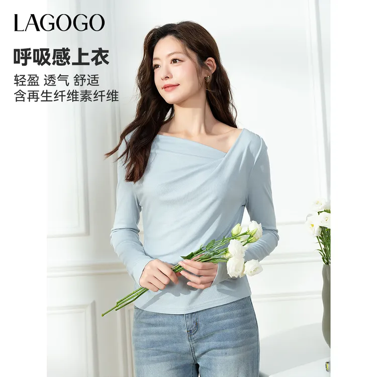 lagogo拉谷谷2025年新款设计感斜肩气质修身上衣女OCTT537G38