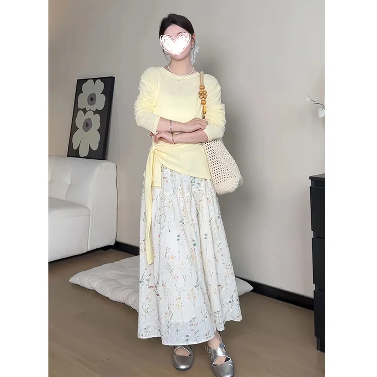 【白浅沙滩】法式长袖T恤收腰绑带上衣高腰白色/碎花半裙套装