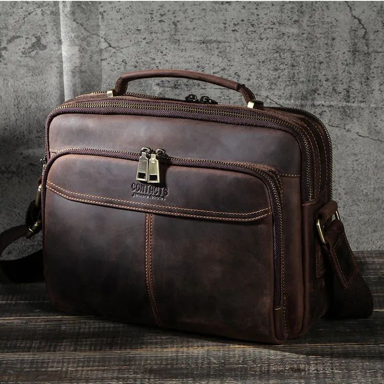 复古疯马皮可装10.5寸IPAD单肩斜挎包多功能真皮男包休闲百搭简约