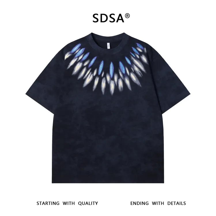 夏季高级感新款美式扎染潮牌羽毛满天星圆领短袖T恤百搭男士上衣