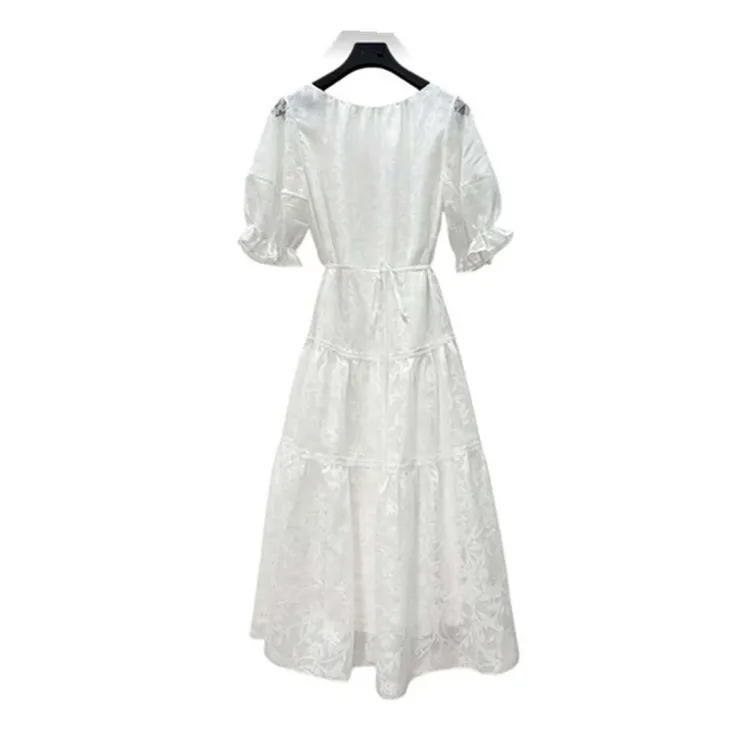 新品2025夏季女装田园风圆领收腰花边泡泡袖显瘦气质时尚连衣裙