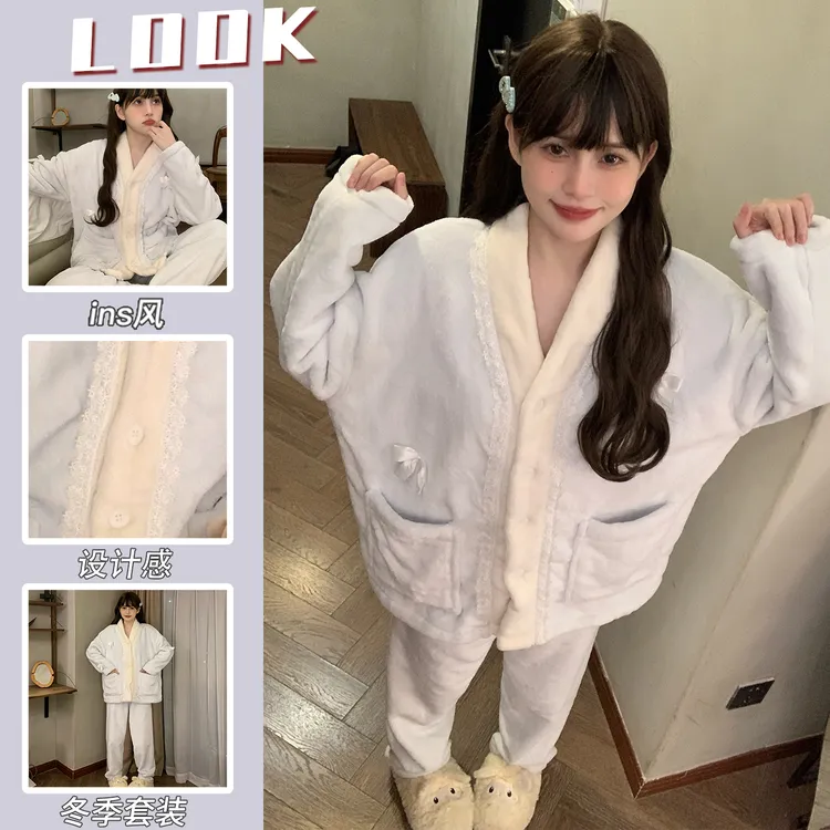 保暖珊瑚绒睡衣女秋冬2025年新款加厚加绒法兰绒可外穿家居服套装