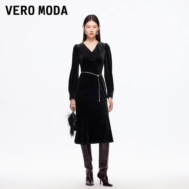 Vero Moda连衣裙2025秋冬新款修身收腰V领鱼尾丝绒裙百搭洋气时髦