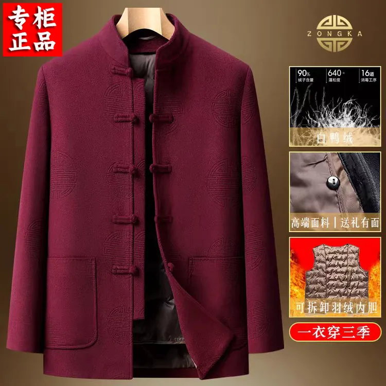 唐装男冬季爸爸加厚脱卸内胆羽绒外套老年人寿宴活里活面保暖上衣