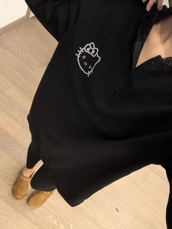 【蕾丝连帽kt】衬衫休闲长袖时尚百搭宽松潮流圆领拼接撞色拼色