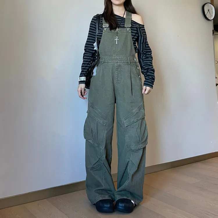 美式复古水洗阔腿工装背带裤女休闲街头多口袋设计感拖地牛仔裤子
