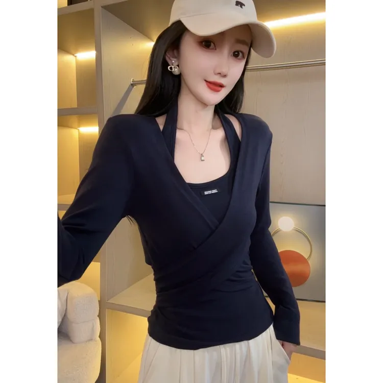 外套+背心【娜哥056】修身挂脖时尚T恤女长袖老钱风松弛感女装贵气