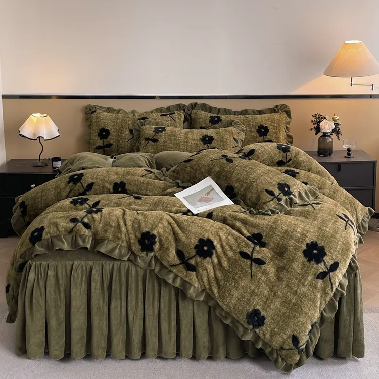 高端宫廷风夹棉牛奶绒床笠式床裙四件套加绒加厚吸汗透气宝宝绒