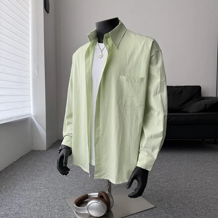 潮流日系帅气休闲纯棉衬衫男款长袖春季纯色百搭简约宽松绿色衬衣