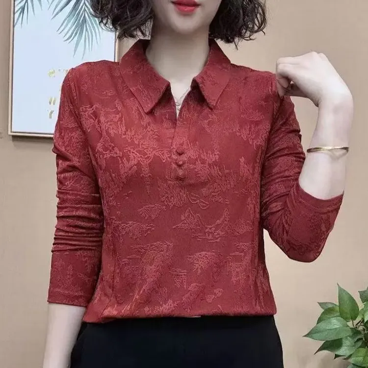 春季新款时尚翻领妈妈装休闲提花小衫显瘦减龄气质中老年长袖上衣