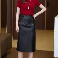 2828#【裙长58】高腰显瘦皮裙女士A字包臀半身裙