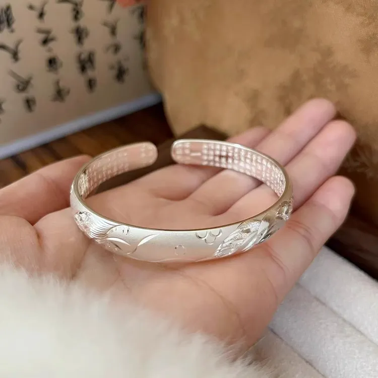 足银手镯 龙凤古法心经纯银手镯女999开口实心足银镯子母亲节礼物