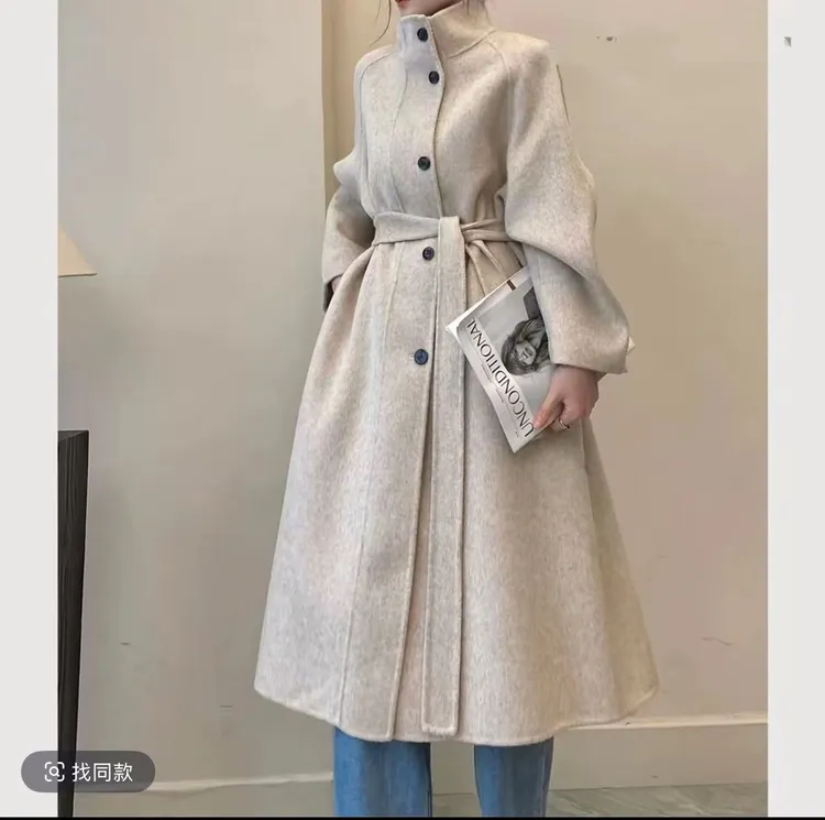 【束语定制】秋冬季新款立领长毛过膝款双面羊毛呢大衣气质霍夫加德