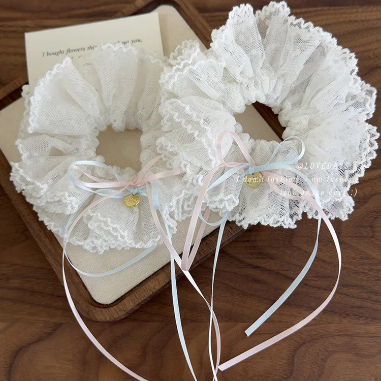 粉蓝丝带波点蕾丝大肠发圈甜美新款气质头圈网红