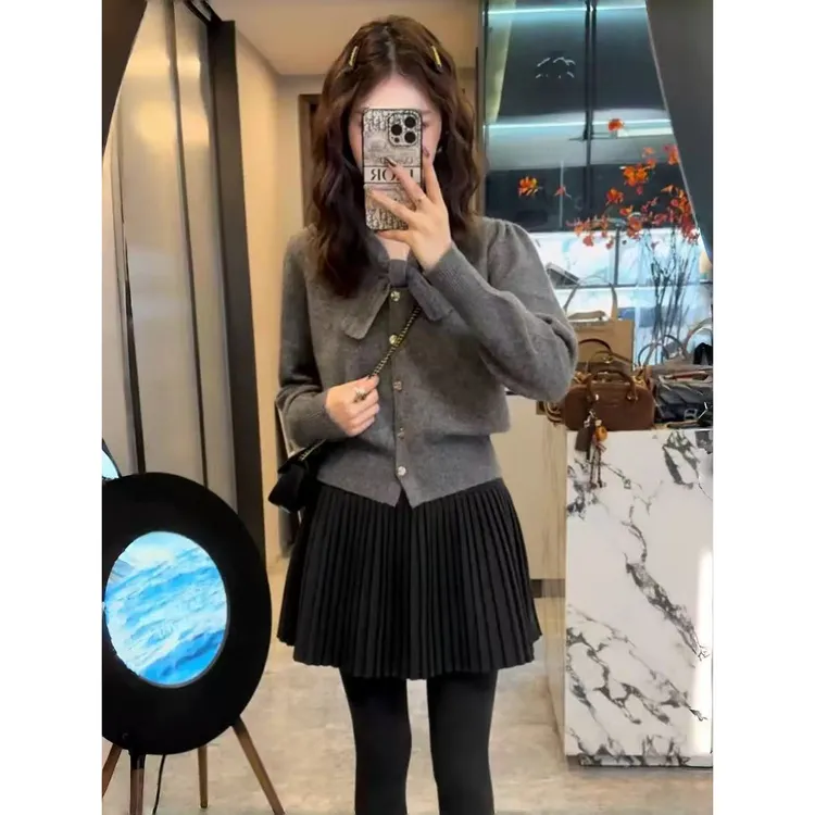 小香风灰色蝴蝶结针织开衫外套女秋冬季小个子修身短款打底衫上衣