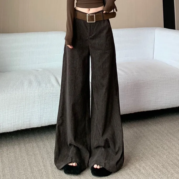 复古咖色雪尼尔阔腿裤女秋冬时尚高腰宽松显瘦垂感百搭休闲拖地裤