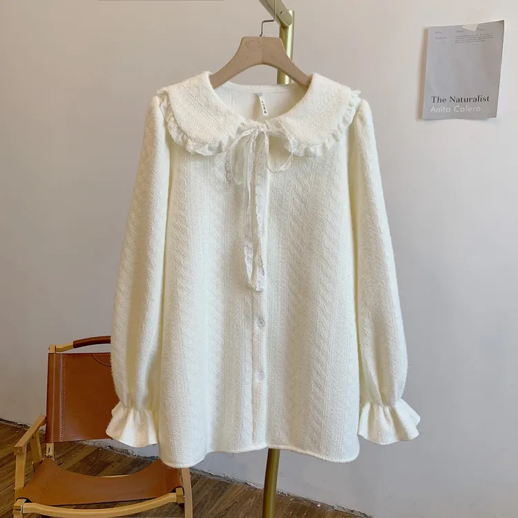 浪漫笔记Y3316加绒提花全开扣系带娃娃领衬衫