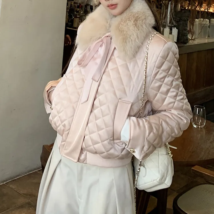 【七颗虾滑】韩系甜美菱格纹毛领保暖羽绒服25928#