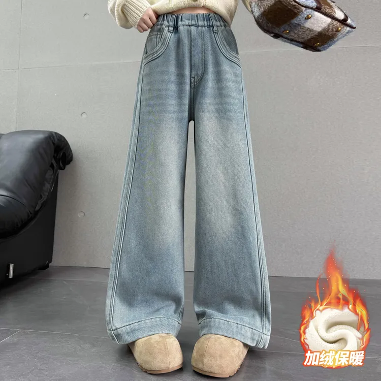 女童加绒牛仔裤冬季2025新款12-15岁中大童一体绒百搭直筒阔腿裤