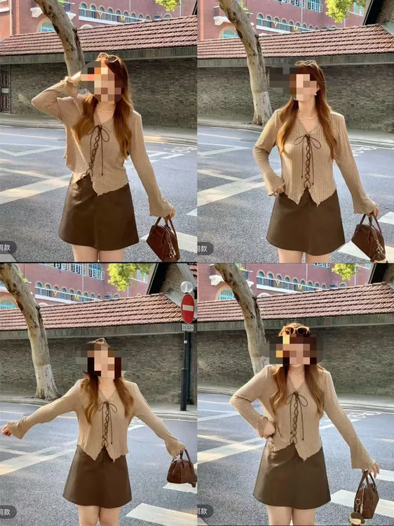 2025秋新款设计v领不规则洋气绑带长袖上衣+短裙气质两件套8717