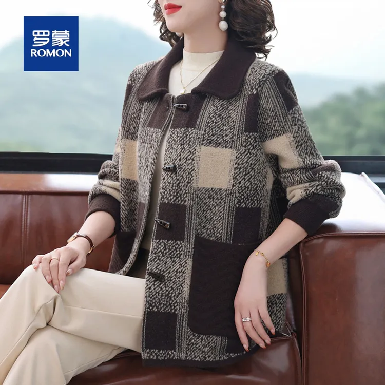 罗蒙中年妈妈秋装格子毛呢外套新款中老年女春秋端庄大气呢子大衣