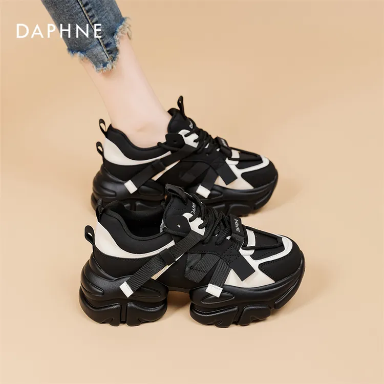 达芙妮官方正品老爹鞋2025爆款百搭黑白拼色厚底增高休闲运动鞋S