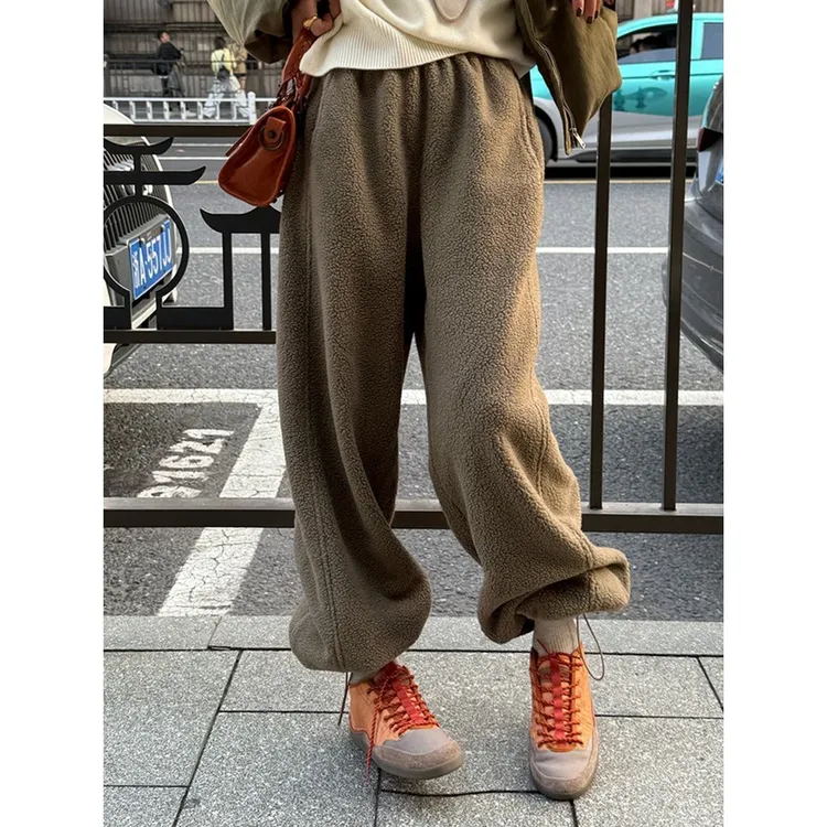 绿色加绒加厚卫裤女秋冬2025新款大码胖mm高腰宽松显瘦垂感阔腿裤