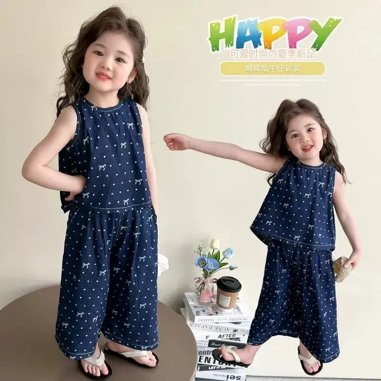 女童夏装套装2025新款儿童藏青色休闲波点背心阔腿长裤两件套韩