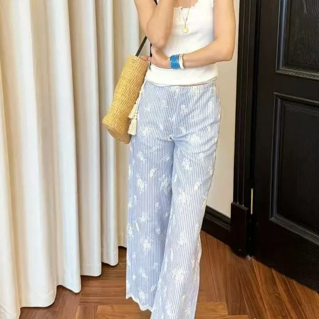 蓝纹舒享‘清凉慵懒风刺绣条纹阔腿裤  SSK11358