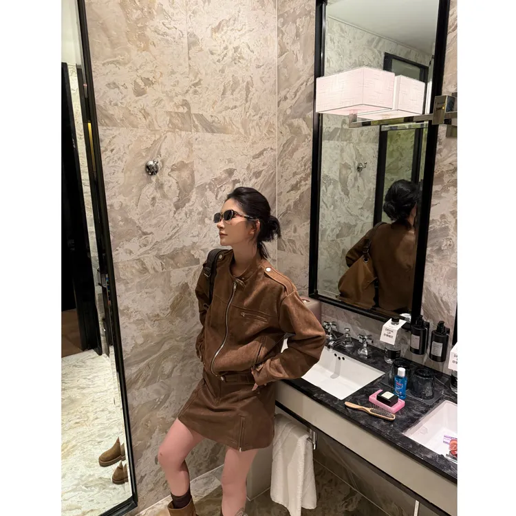 现货【奶油蛋糕】早秋新款夹克外套两件套女半身短裙套装62543