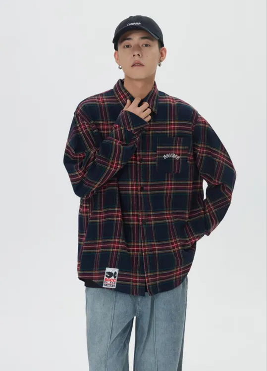 日系港风宽松格子长袖衬衫男女同款夏季潮流百搭休闲外套