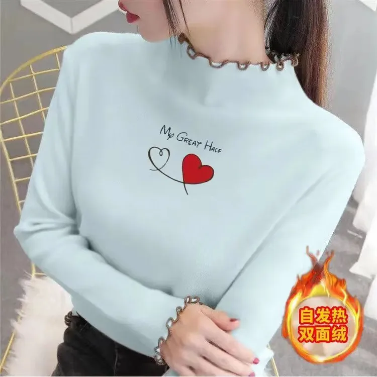 加绒打底衫女秋冬内搭半高领长袖t恤女新款木耳边德绒保暖上衣潮