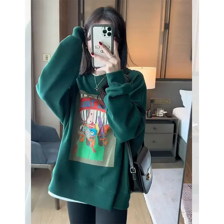 卡通印花绿色加绒卫衣女oversize秋冬款宽松圆领套头长袖百搭上衣