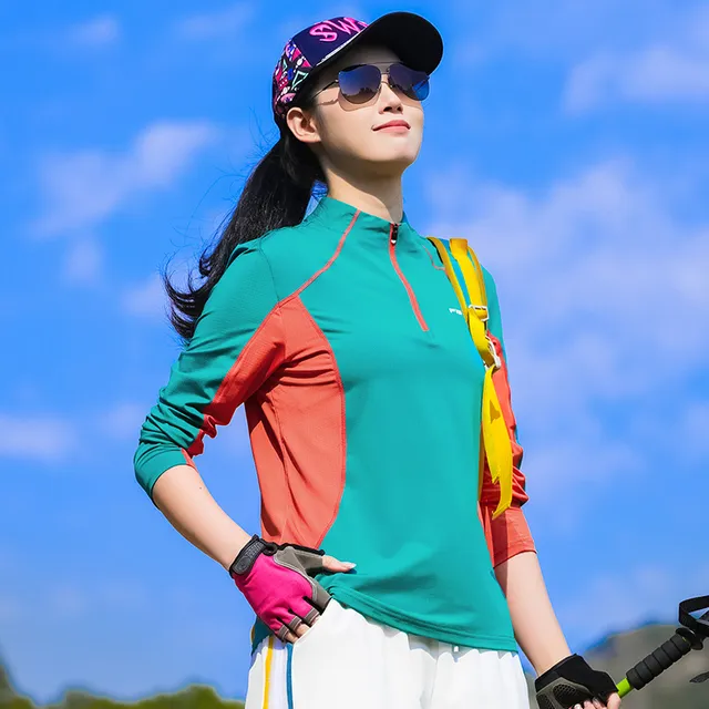 长袖T恤女夏季新款时尚拼色弹力立领上衣户外休闲防晒透气速干衣