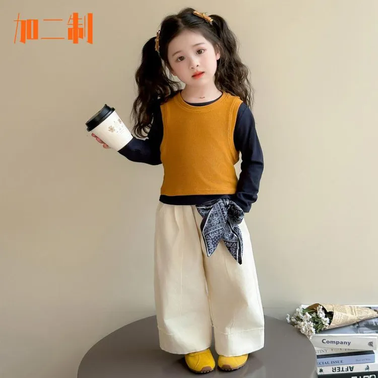 加二制轻奢童装童衬衣马甲三件套女宝秋装阔腿裤女童秋季制服套装