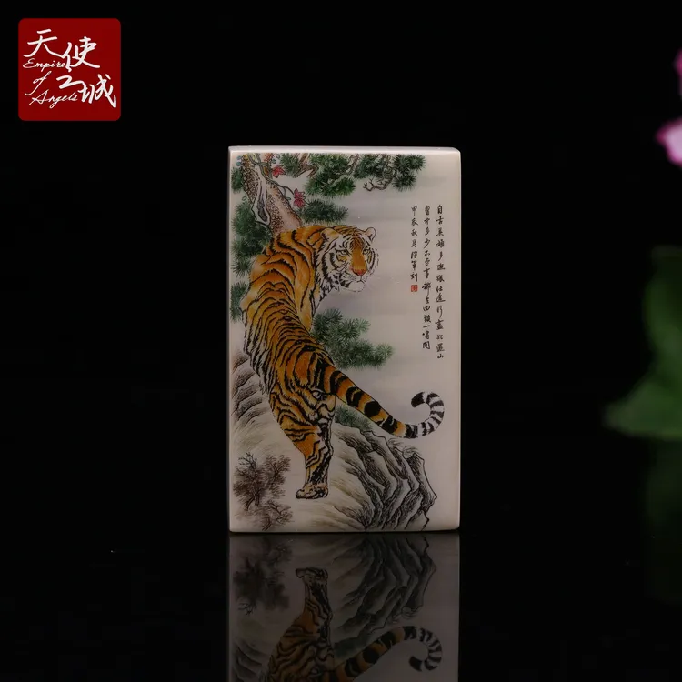 天然猛犸象牙上山虎方牌冰料微雕彩绘461牌虎虎生威男女坠子