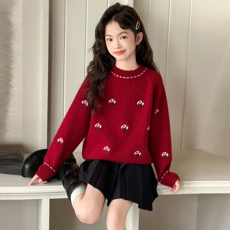 女童精致刺绣毛衣加厚秋冬季洋气针织衫套头韩版宽松甜美红色上衣