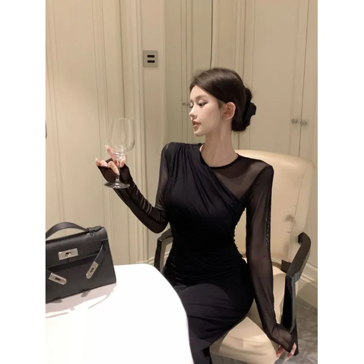 大蛮专属 复古性感御姐风秋季黑色网纱长袖收腰显瘦包臀连衣裙
