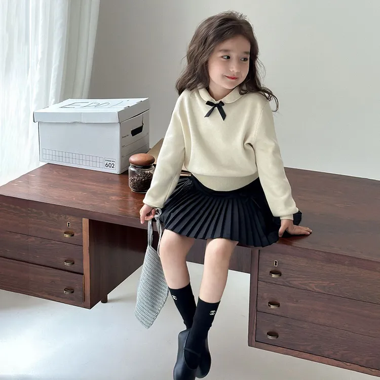 2025女童乖乖小香风蝴蝶结翻领针织上衣蝴蝶结百褶裙套装韩版毛衣