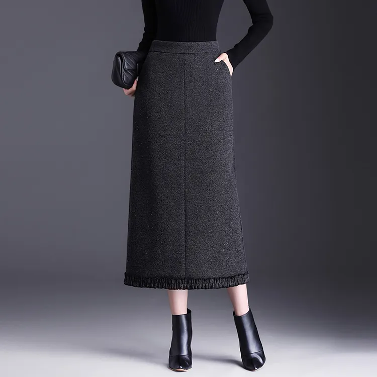 木耳花边包臀半身裙女秋冬气质长裙小香风亮片裙子冬裙开叉一步裙