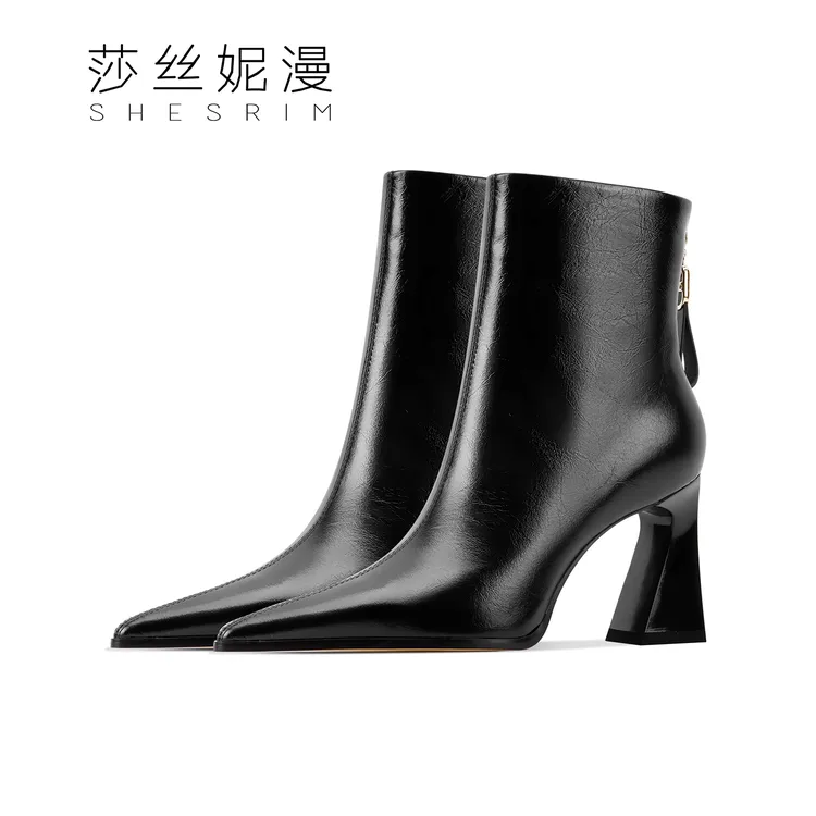 「6/8CM]粗跟短靴女2025冬新款百搭马丁靴方跟真皮气质女靴