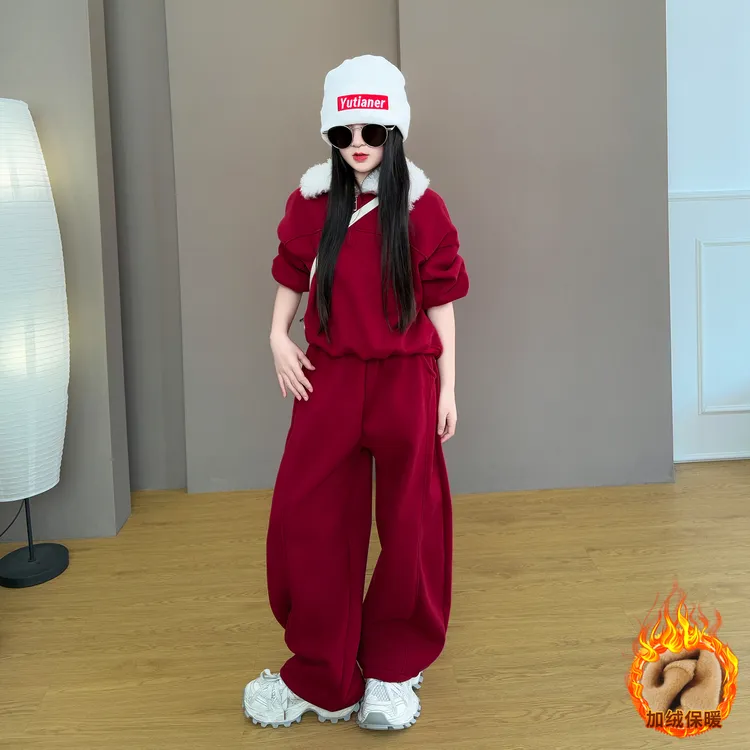 女童2025新款儿童秋冬季韩版时尚毛领针织年款加绒卫衣休闲裤套装