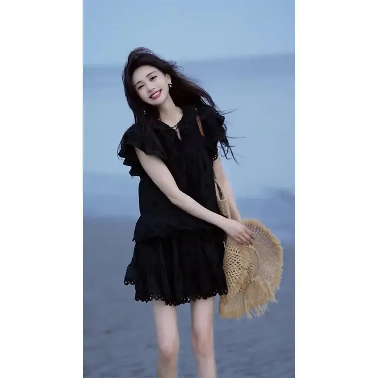 2025夏季新款法式设计感泡泡袖黑色上衣显瘦裙裤百搭气质两件套女