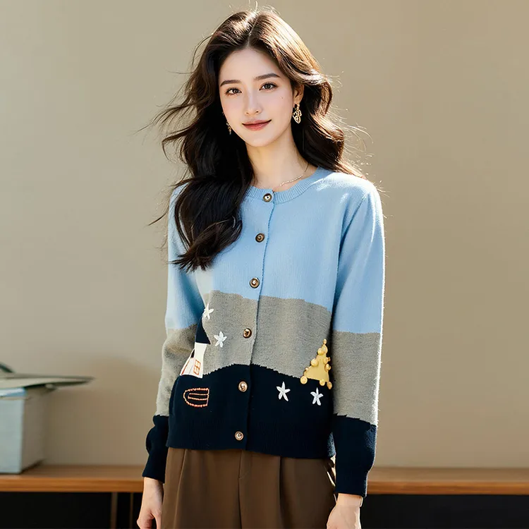 奢姿2025年春季新款大码女装设计感减龄上衣胖妹妹童趣休闲针织衫