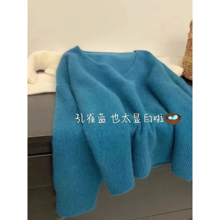 2025新款打底衫宽松长袖上衣孔雀蓝v领针织衫女秋冬慵懒纯色毛衣