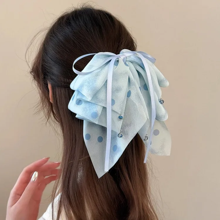晕染波点多层大蝴蝶结流苏马尾夹森系少女可爱抓夹扎发后脑勺发饰